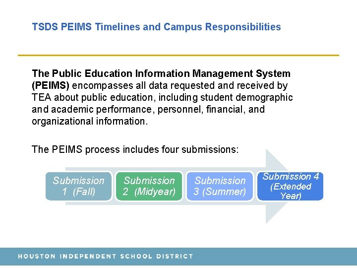 TSDS PEIMS Timelines and Campus Responsibilities The Public Education Information Management System (PEIMS) encompasses