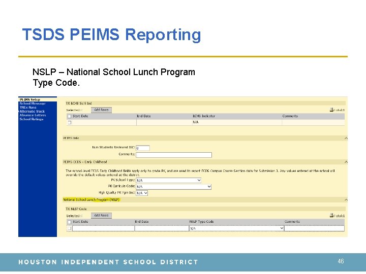 TSDS PEIMS Reporting NSLP – National School Lunch Program Type Code. 46 
