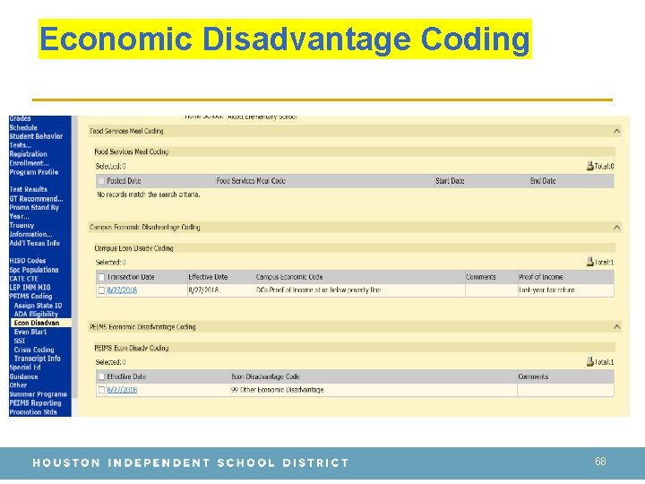 Economic Disadvantage Coding 68 Economic Disadvantage Coding 68