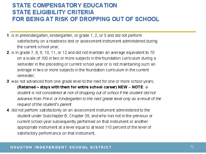 STATE COMPENSATORY EDUCATION STATE ELIGIBILITY CRITERIA FOR BEING AT RISK OF DROPPING OUT OF