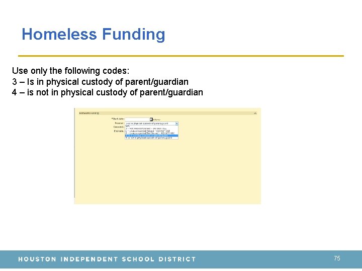 Homeless Funding Use only the following codes: 3 – Is in physical custody of