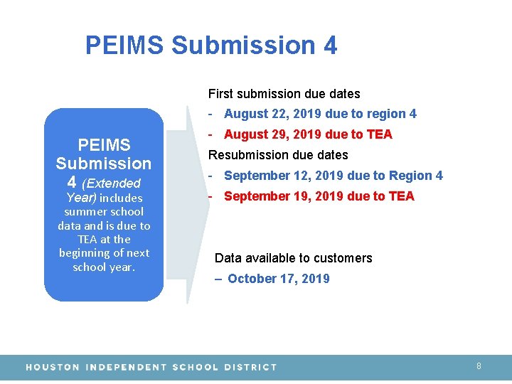 PEIMS Submission 4 First submission due dates - August 22, 2019 due to region