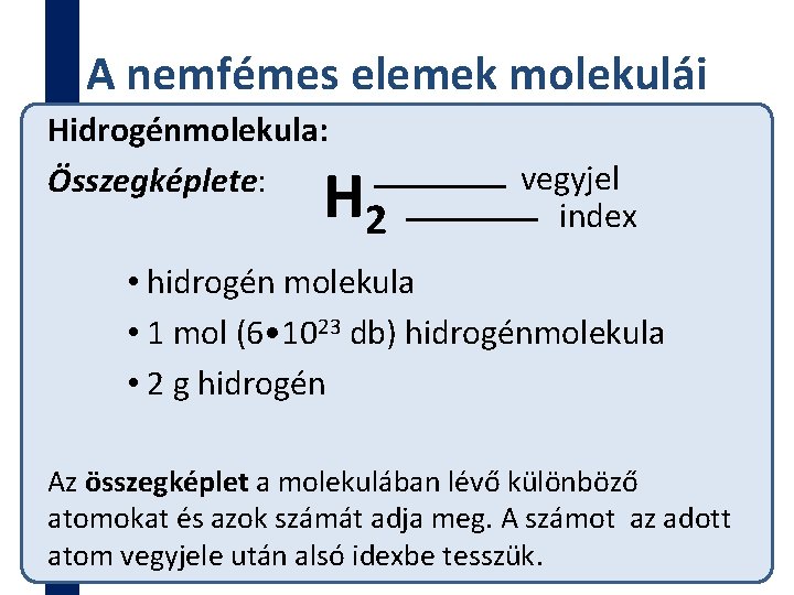 A nemfémes elemek molekulái Hidrogénmolekula: Összegképlete: H 2 vegyjel index • hidrogén molekula •