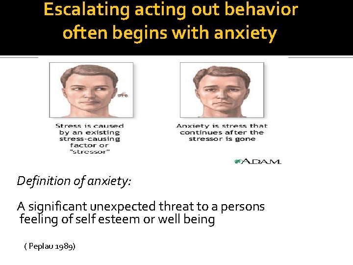 Escalating acting out behavior often begins with anxiety Definition of anxiety: A significant unexpected