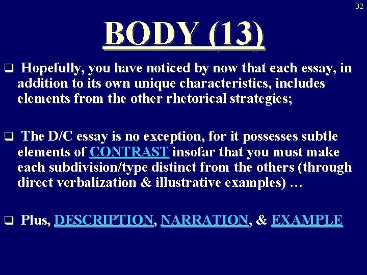 32 BODY (13) q Hopefully, you have noticed by now that each essay, in