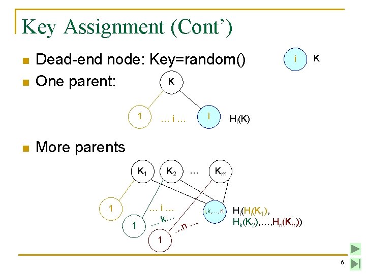 Key Assignment (Cont’) n n Dead-end node: Key=random() K One parent: 1 n i