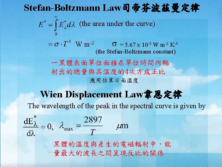 Stefan-Boltzmann Law司帝芬波茲曼定律 (the area under the curve) W m-2 = 5. 67 x 10