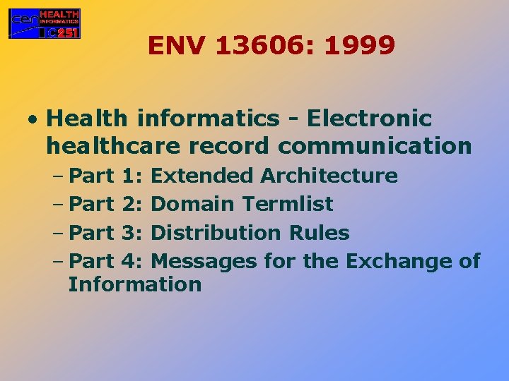 ENV 13606: 1999 • Health informatics - Electronic healthcare record communication – Part 1: