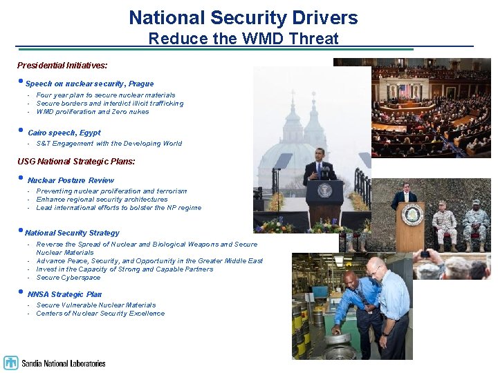 National Security Drivers Reduce the WMD Threat Presidential Initiatives: • Speech on nuclear security,