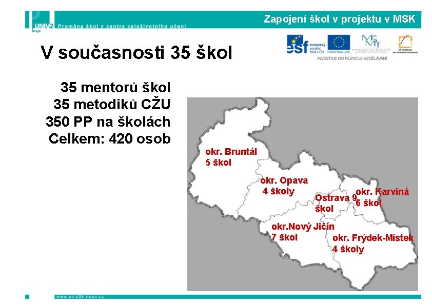 Zapojení škol v projektu v MSK V současnosti 35 škol 35 mentorů škol 35