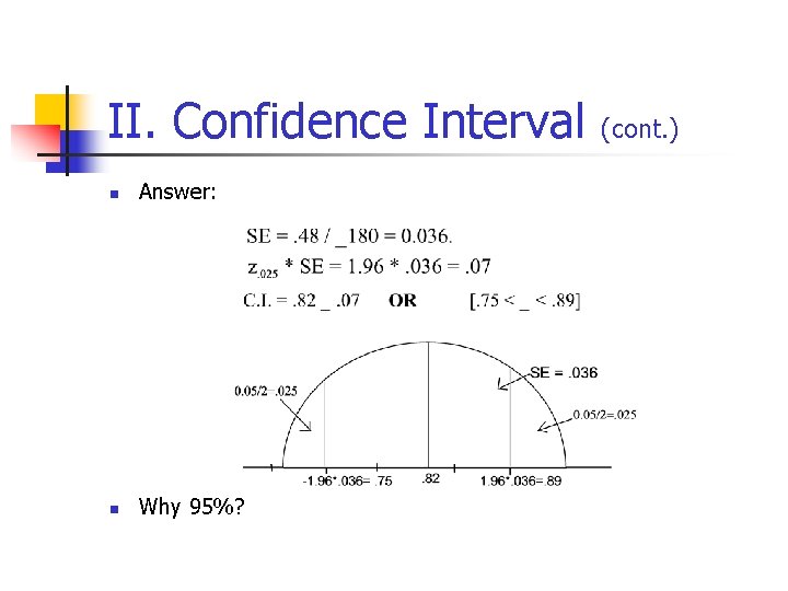 II. Confidence Interval (cont. ) n Answer: n Why 95%? 