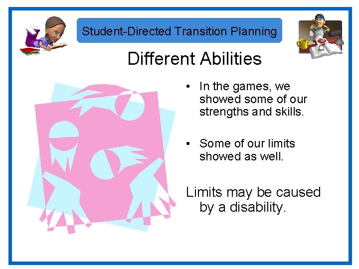 Student-Directed Transition Planning Different Abilities • In the games, we showed some of our