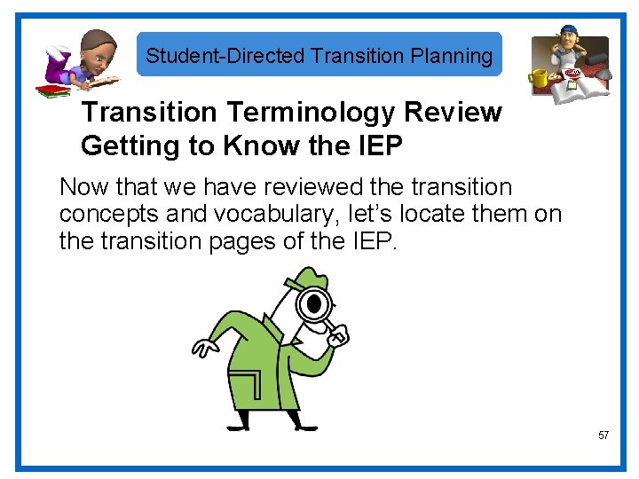 Student-Directed Transition Planning Transition Terminology Review Getting to Know the IEP Now that we