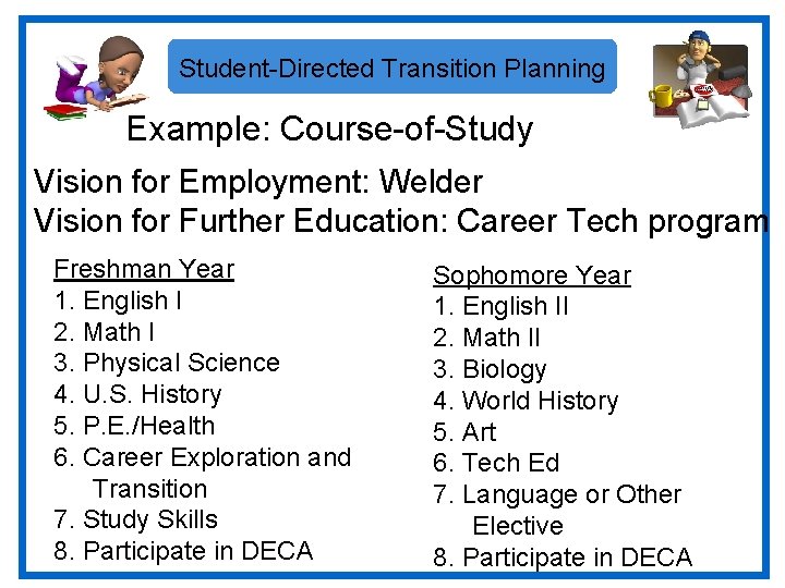 Student-Directed Transition Planning Example: Course-of-Study Vision for Employment: Welder Vision for Further Education: Career