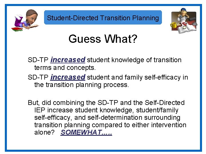 Student-Directed Transition Planning Guess What? SD-TP increased student knowledge of transition terms and concepts.