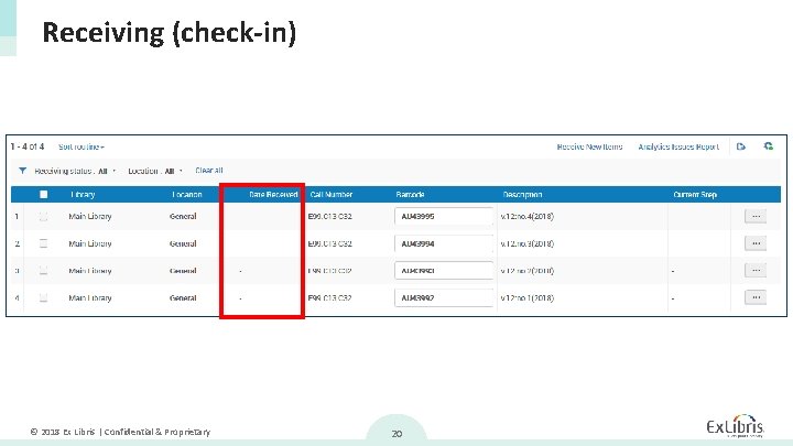 Receiving (check-in) © 2018 Ex Libris | Confidential & Proprietary 20 