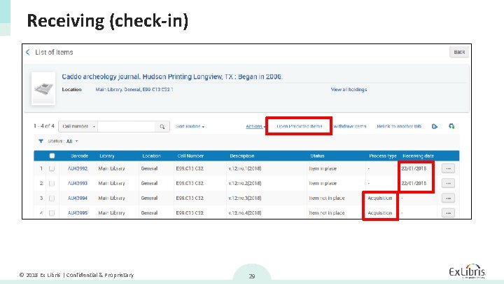 Receiving (check-in) © 2018 Ex Libris | Confidential & Proprietary 29 