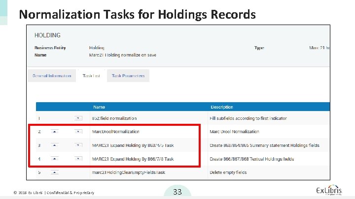 Normalization Tasks for Holdings Records © 2018 Ex Libris | Confidential & Proprietary 33
