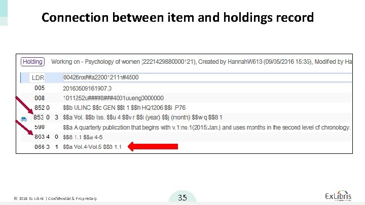 Connection between item and holdings record © 2018 Ex Libris | Confidential & Proprietary