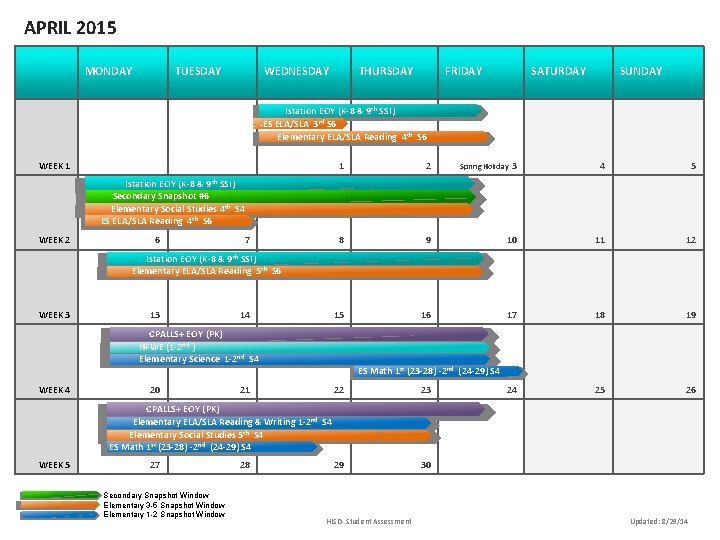 APRIL 2015 MONDAY TUESDAY WEDNESDAY THURSDAY FRIDAY SATURDAY SUNDAY Istation EOY (K-8 & 9