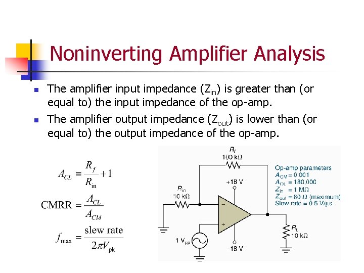 Noninverting Amplifier Analysis n n The amplifier input impedance (Zin) is greater than (or