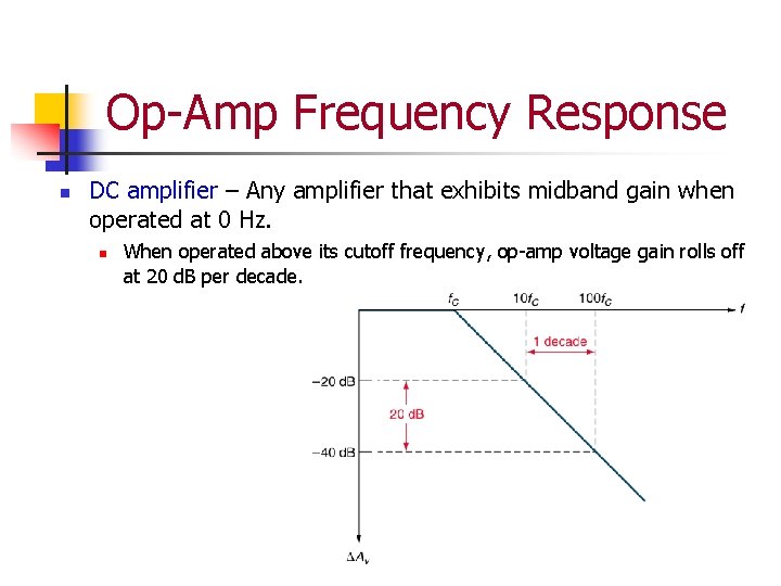 Op-Amp Frequency Response n DC amplifier – Any amplifier that exhibits midband gain when