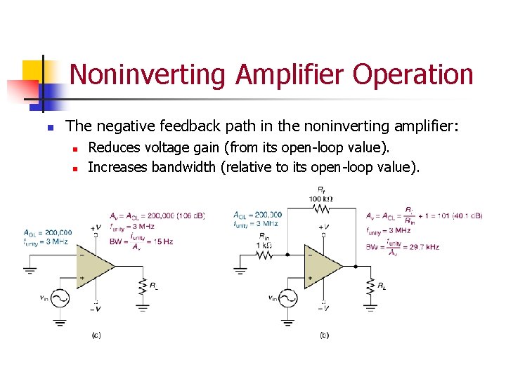 Noninverting Amplifier Operation n The negative feedback path in the noninverting amplifier: n n