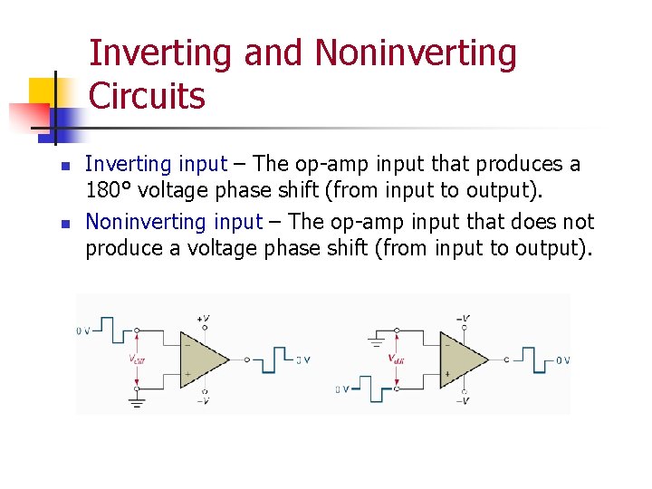 Inverting and Noninverting Circuits n n Inverting input – The op-amp input that produces