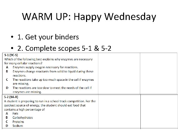 WARM UP: Happy Wednesday • 1. Get your binders • 2. Complete scopes 5