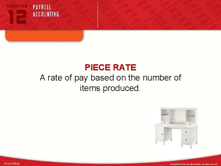 PIECE RATE A rate of pay based on the number of items produced. Accounting