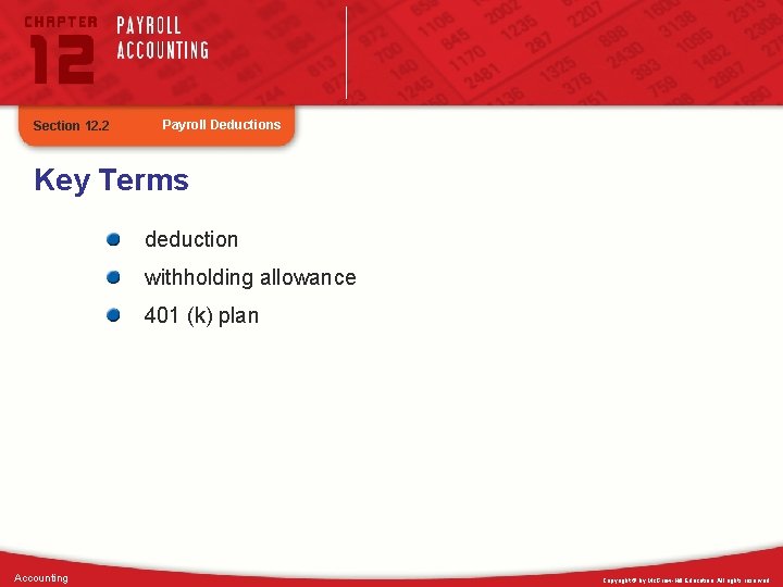 Section 12. 2 Payroll Deductions Key Terms deduction withholding allowance 401 (k) plan Accounting