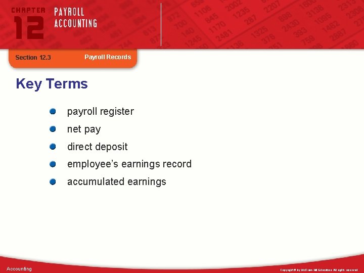 Section 12. 3 Payroll Records Key Terms payroll register net pay direct deposit employee’s