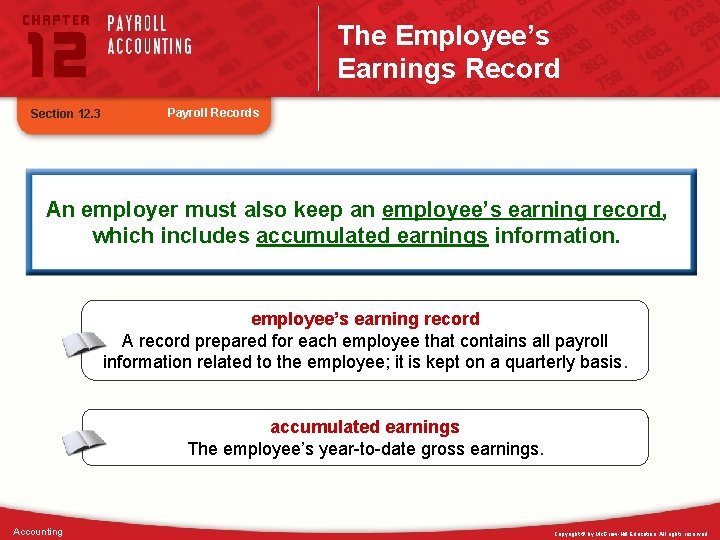 The Employee’s Earnings Record Section 12. 3 Payroll Records An employer must also keep
