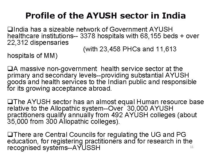 Profile of the AYUSH sector in India q. India has a sizeable network of