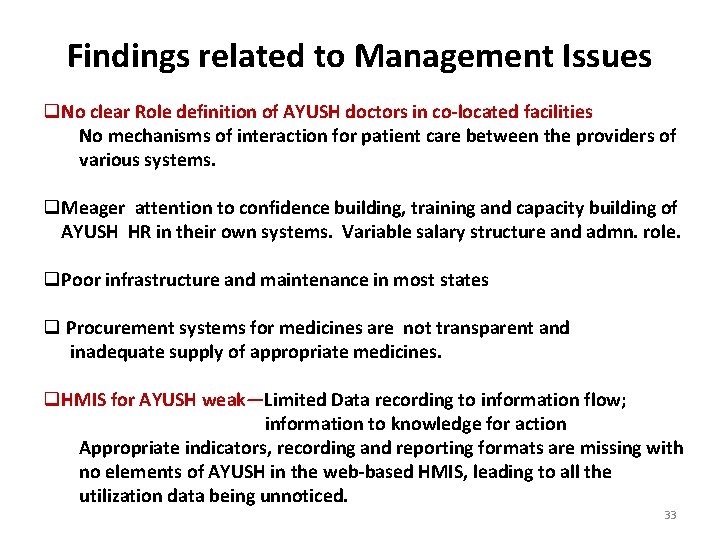 Findings related to Management Issues q. No clear Role definition of AYUSH doctors in