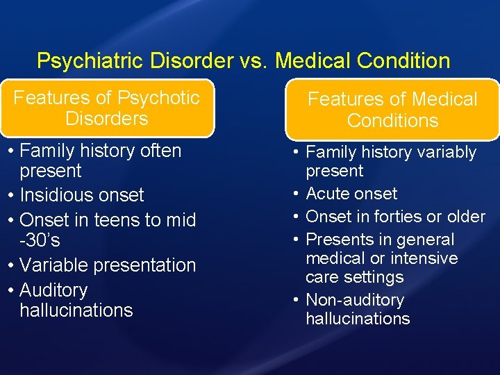 Psychiatric Disorder vs. Medical Condition Features of Psychotic Disorders • Family history often present