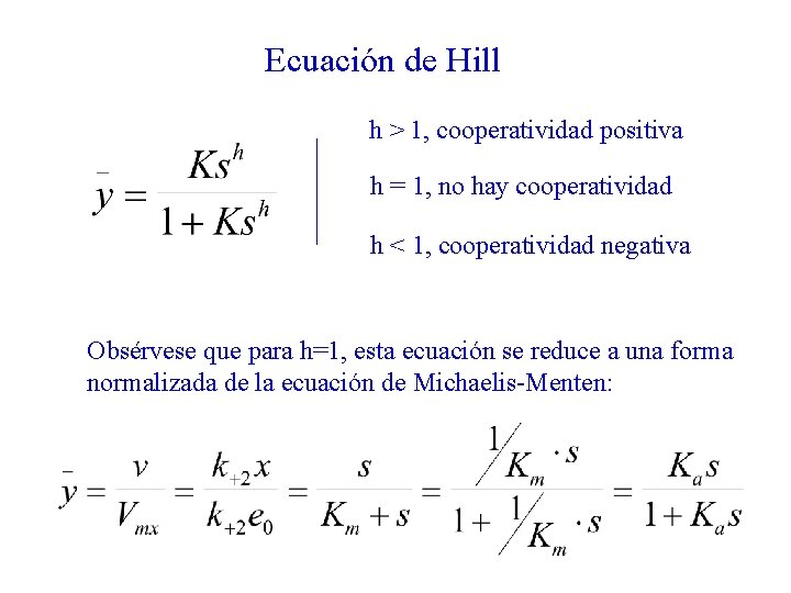 Ecuación de Hill h > 1, cooperatividad positiva h = 1, no hay cooperatividad