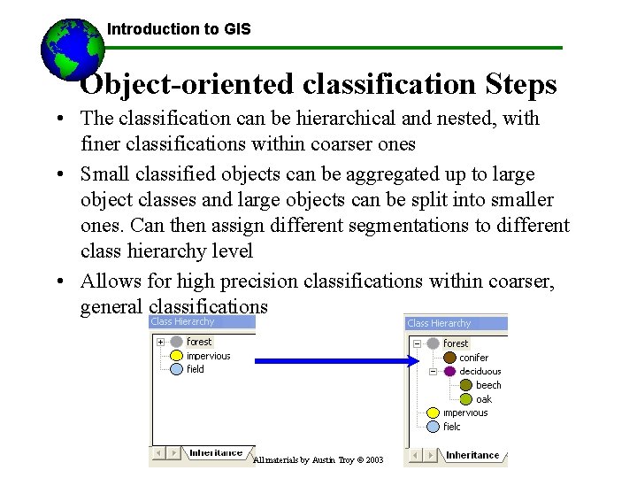 Introduction to GIS Object-oriented classification Steps • The classification can be hierarchical and nested,