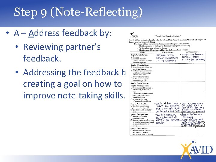 Step 9 (Note-Reflecting) • A – Address feedback by: • Reviewing partner’s feedback. •