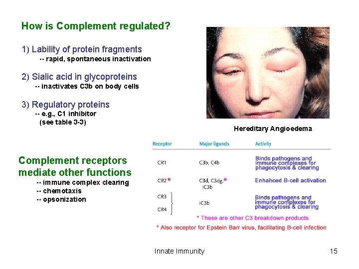 How is Complement regulated? 1) Lability of protein fragments -- rapid, spontaneous inactivation 2)