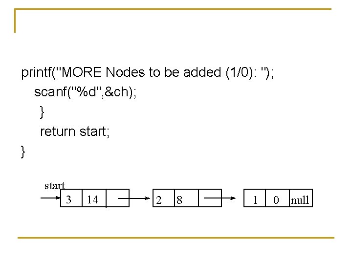 printf("MORE Nodes to be added (1/0): "); scanf("%d", &ch); } return start; } start