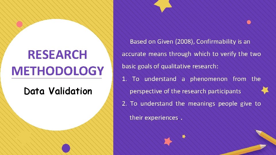 Based on Given (2008), Confirmability is an RESEARCH METHODOLOGY Data Validation accurate means through
