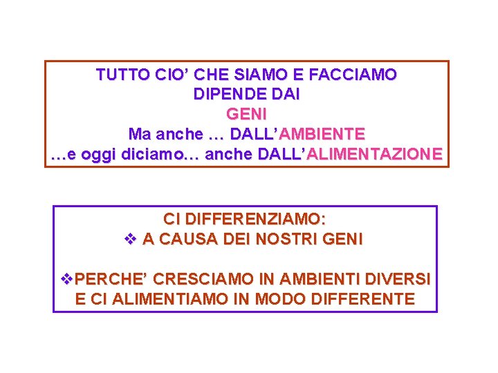 TUTTO CIO’ CHE SIAMO E FACCIAMO DIPENDE DAI GENI Ma anche … DALL’AMBIENTE …e