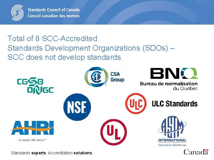 Total of 8 SCC-Accredited Standards Development Organizations (SDOs) – SCC does not develop standards
