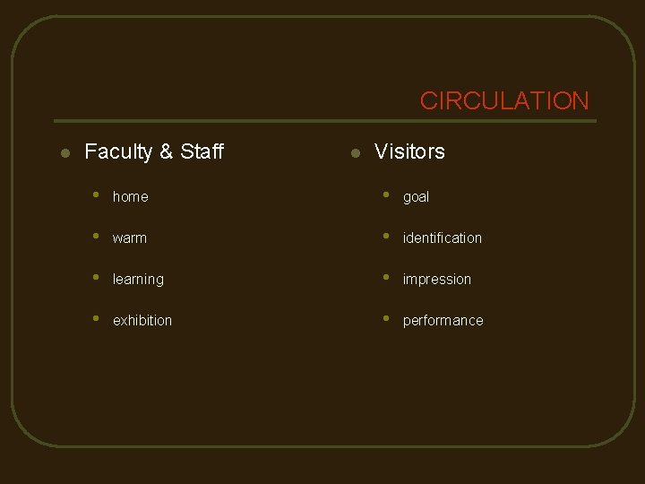 CIRCULATION l Faculty & Staff l Visitors • home • goal • warm •
