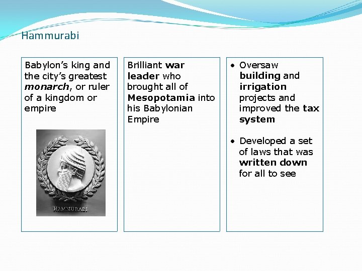 Hammurabi Babylon’s king and the city’s greatest monarch, or ruler of a kingdom or