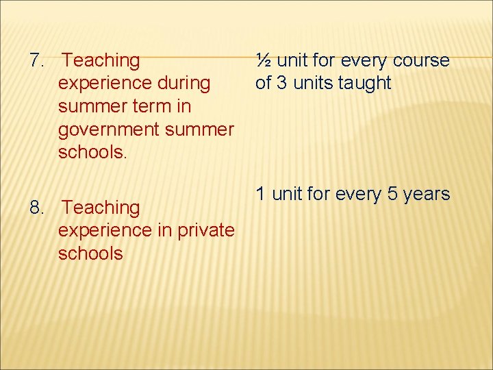 7. Teaching experience during summer term in government summer schools. 8. Teaching experience in