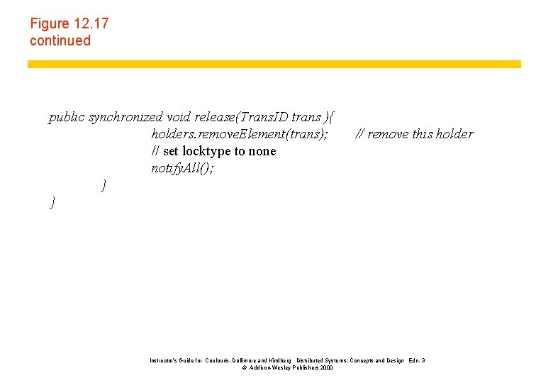 Figure 12. 17 continued public synchronized void release(Trans. ID trans ){ holders. remove. Element(trans);