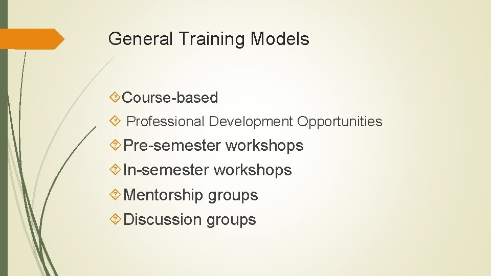 General Training Models Course-based Professional Development Opportunities Pre-semester workshops In-semester workshops Mentorship groups Discussion General Training Models Course-based Professional Development Opportunities Pre-semester workshops In-semester workshops Mentorship groups Discussion