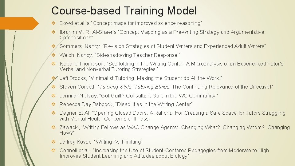 Course-based Training Model Dowd et al. ’s “Concept maps for improved science reasoning” Ibrahim Course-based Training Model Dowd et al. ’s “Concept maps for improved science reasoning” Ibrahim